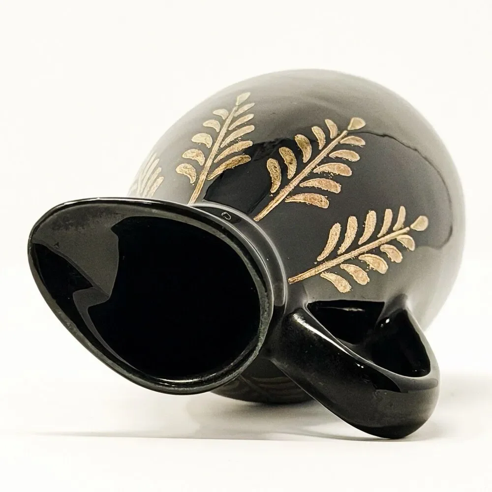 Vintage Black Pottery Pitcher 22K Gold Hand Decorated Cobbs Florida USA 6”